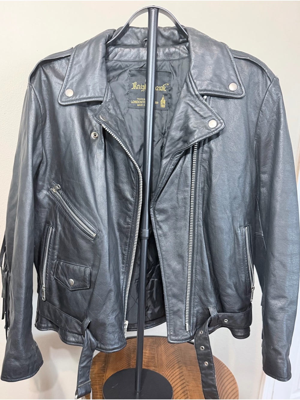 Knight Hawk Black Leather Moto Jacket with Fringe Details See Measurements